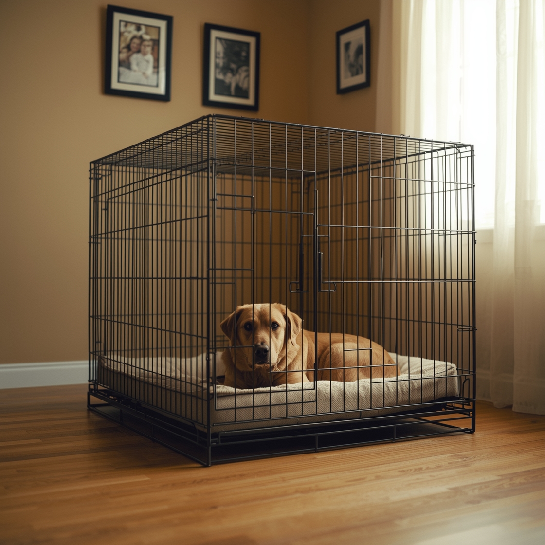 Large dog lying comfortably in a sturdy heavy-duty dog crate
