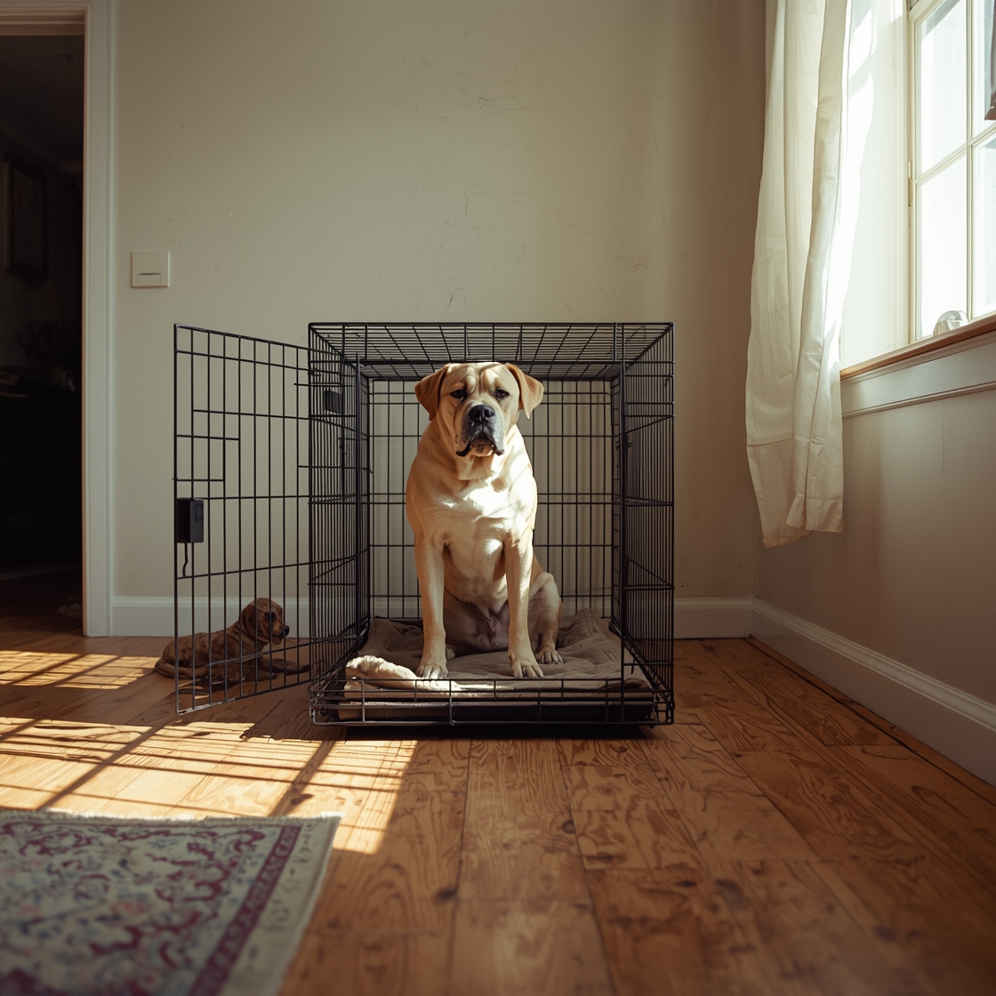 Sturdy metal dog crate with large dog inside, locked and secure