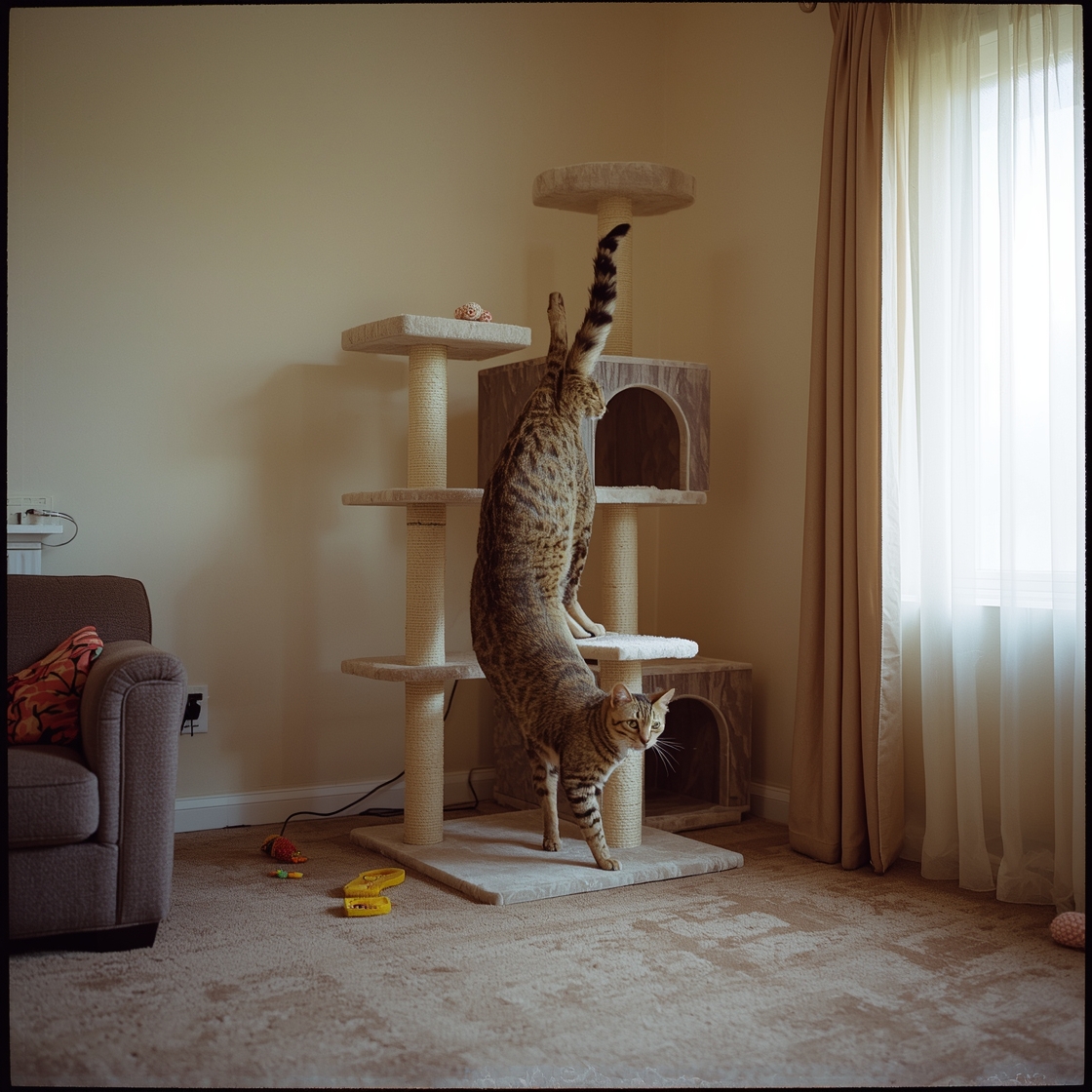 Large tabby cat playing on multi-level cat tree in living room