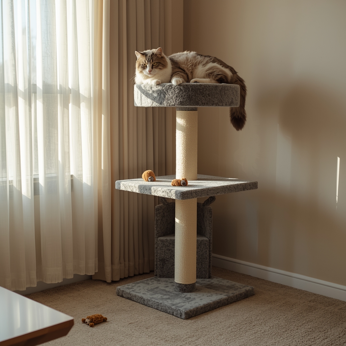 Large grey and white cat on tall multilevel cat tree