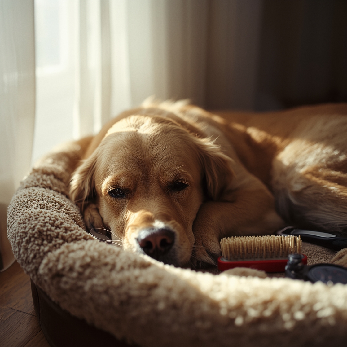 A senior golden retriever lies on a dog bed surrounded by grooming tools