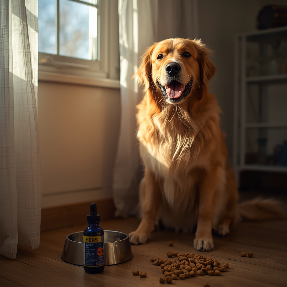 Golden retriever sitting beside fish oil supplement and kibble bowl