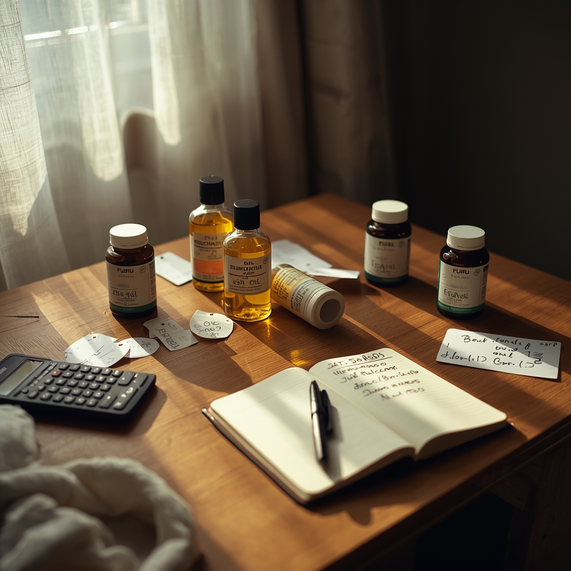 A cluttered desk with fish oil supplements and pricing notes