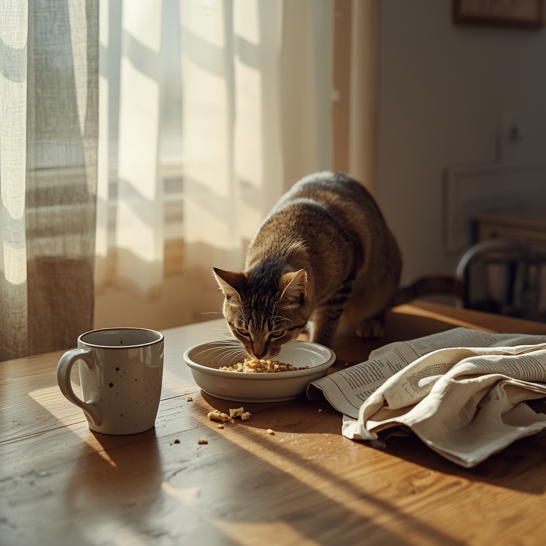 Tabby cat eating from ceramic dish on rustic oak table