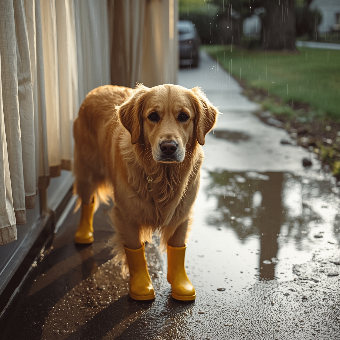 A golden retriever in yellow rain boots on a wet sidewalk