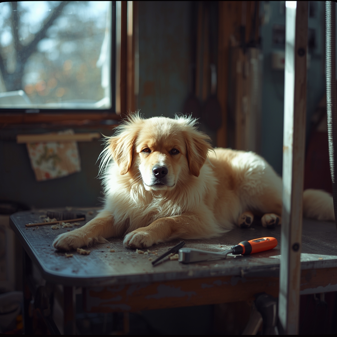 Golden Retriever mix on a wooden grooming table with tools