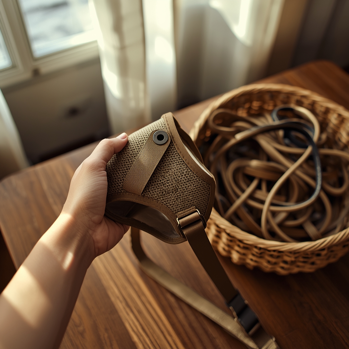 hand holding puppy harness on wooden table