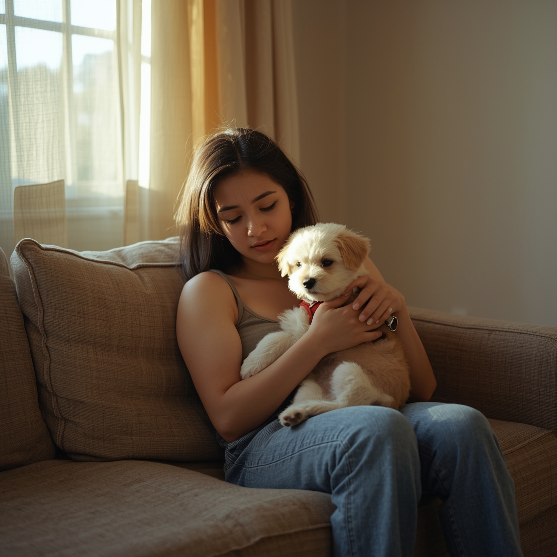 Pet owner holding puppy with red harness on couch