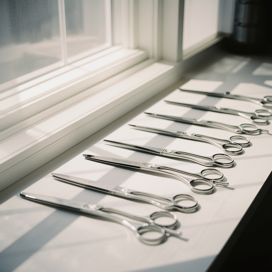Pet grooming scissors laid out on a workbench with price tags