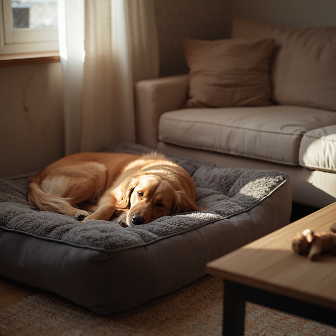 Golden retriever resting on a gray faux fur dog bed