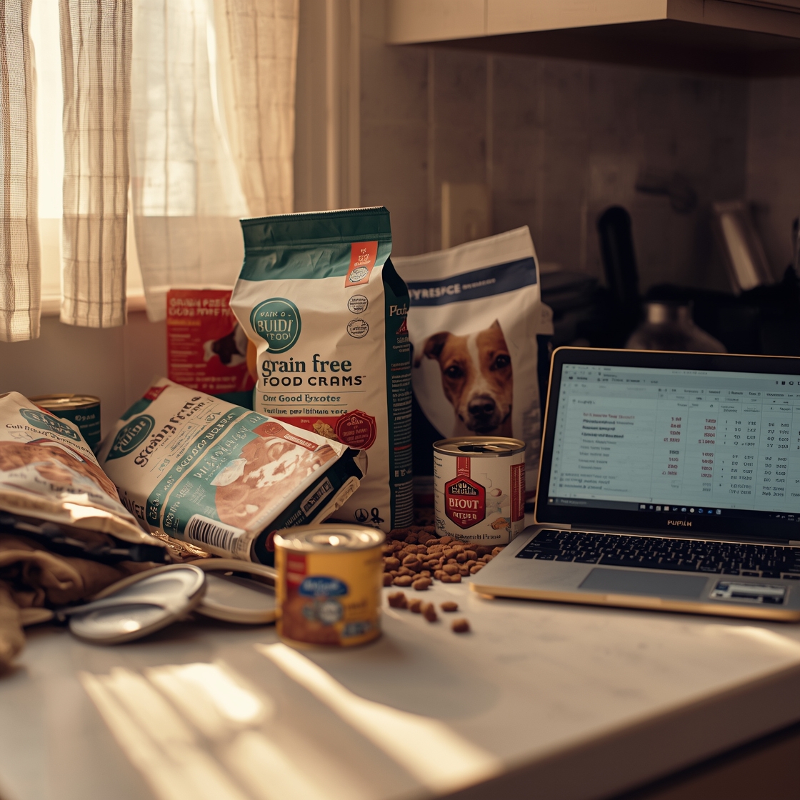 Grain-free dog food price ranges and packaging on kitchen counter