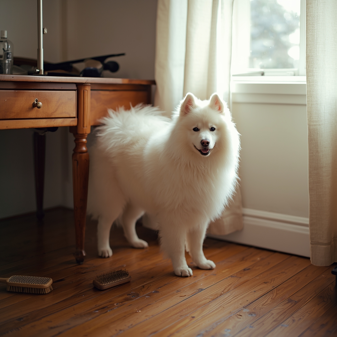 A fluffy white Samoyed standing on hardwood floor beside grooming table