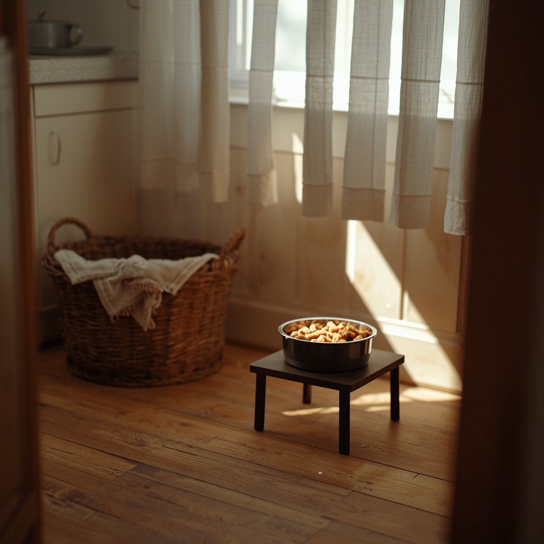 Elevated dog bowl for large breeds on rustic wooden floor