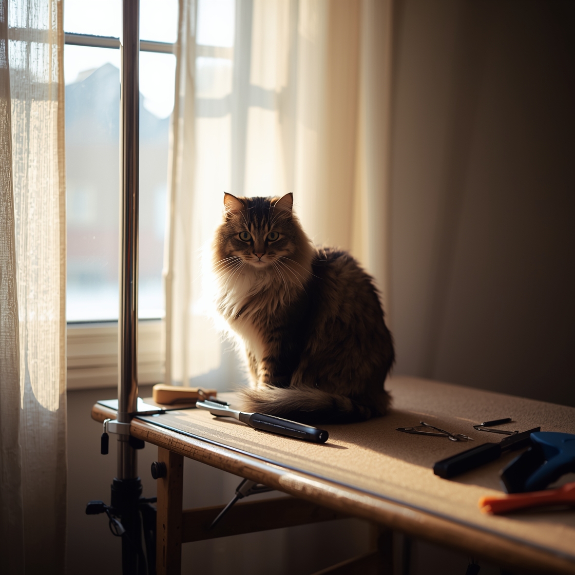 tabby cat sitting on wooden grooming table with loose cat hair