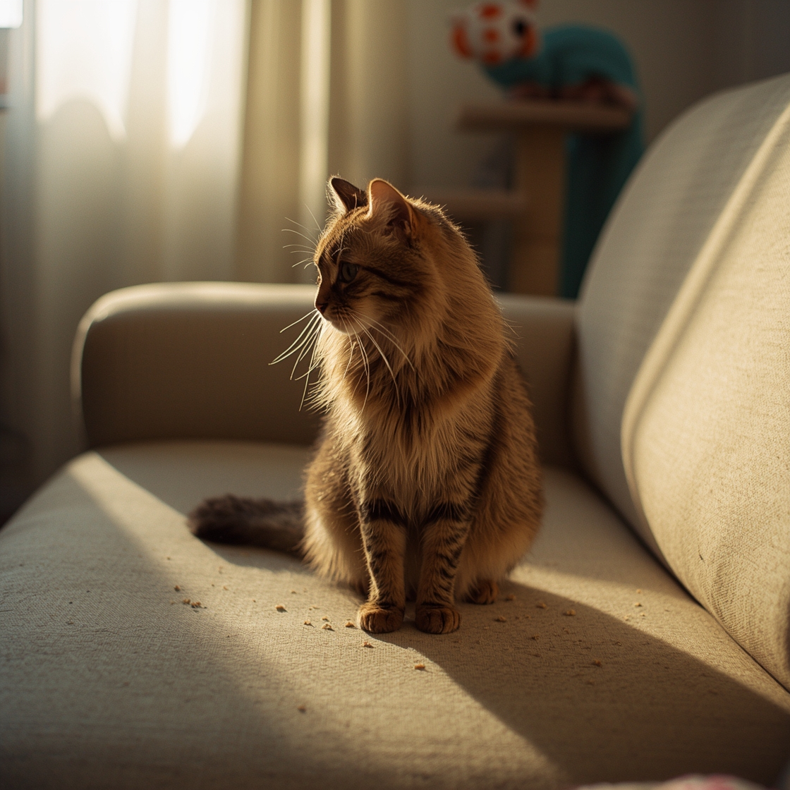 A tabby cat shedding moderately on a worn beige couch