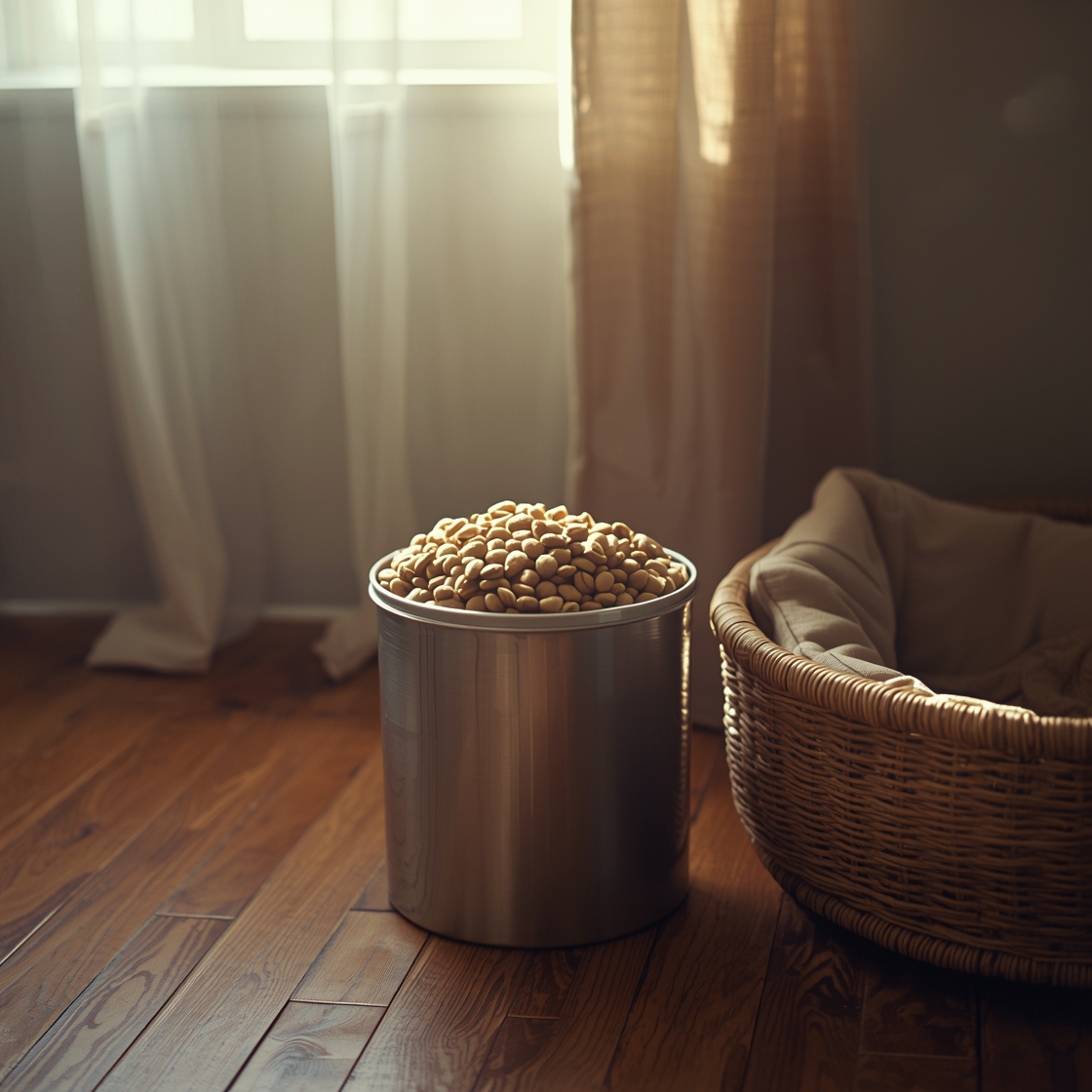 stainless steel pet food storage container on wooden floor