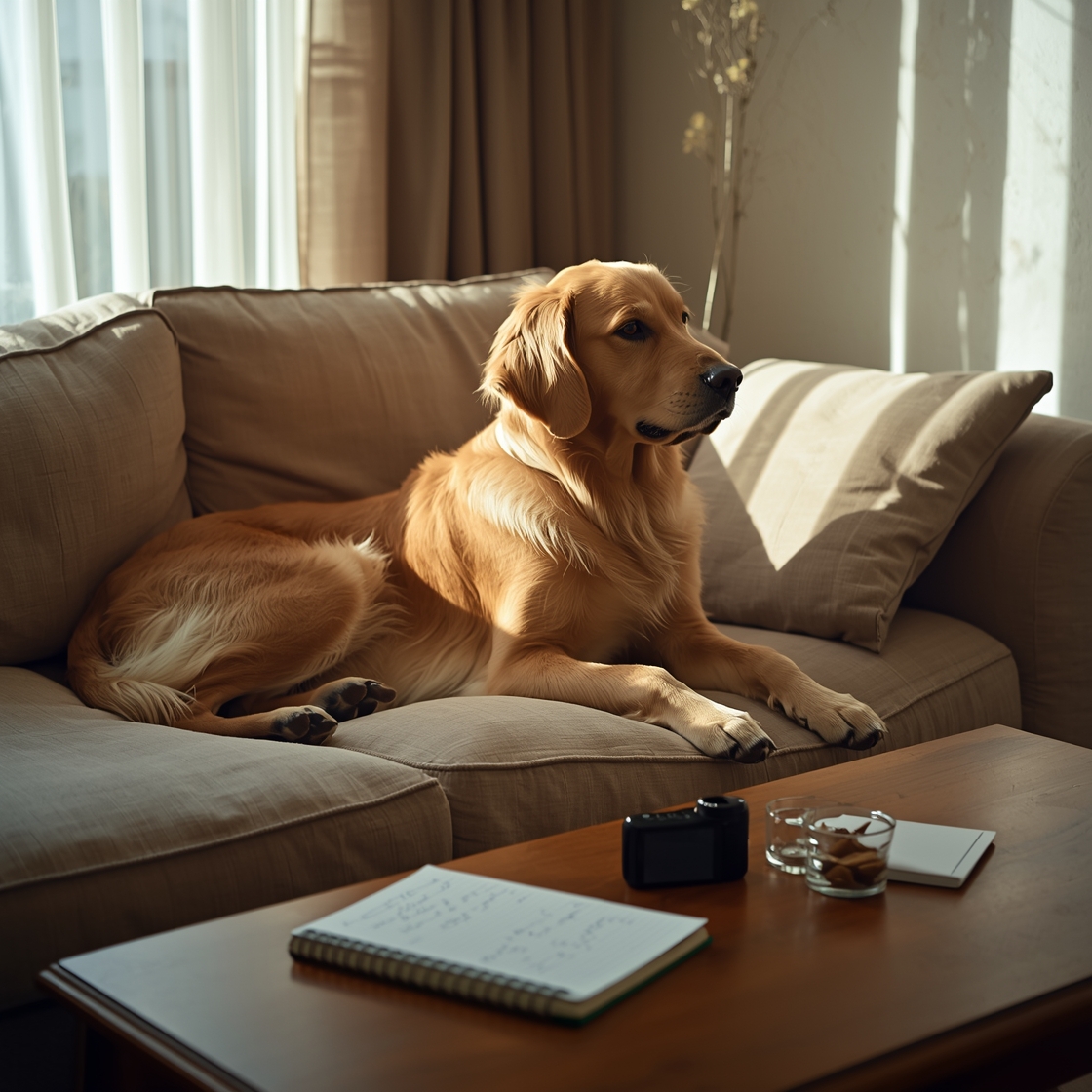 A dog sits beside a coffee table with a clicker and treats