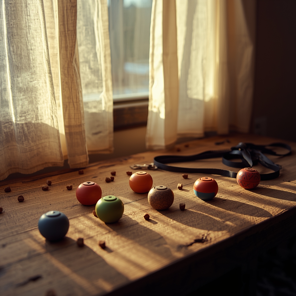 Seven dog training clickers on a wooden workbench with treats