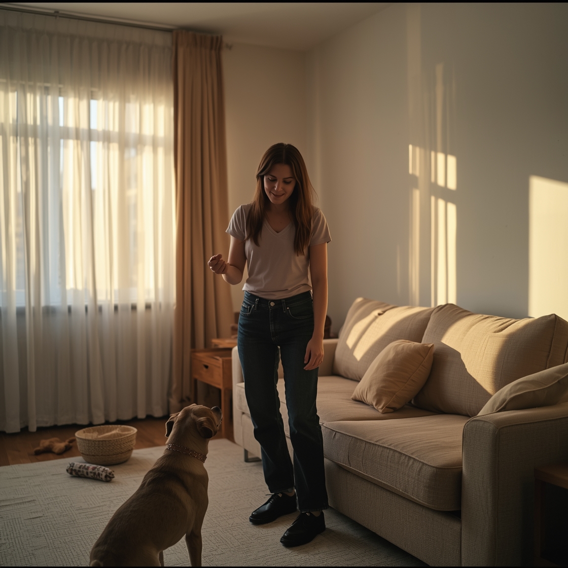 Dog trainer with clicker and treat in a home living room