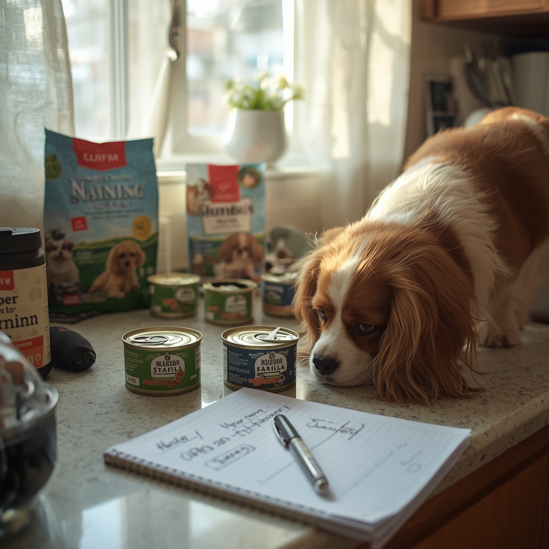 A senior dog investigates low-sodium dog food options on a kitchen counter