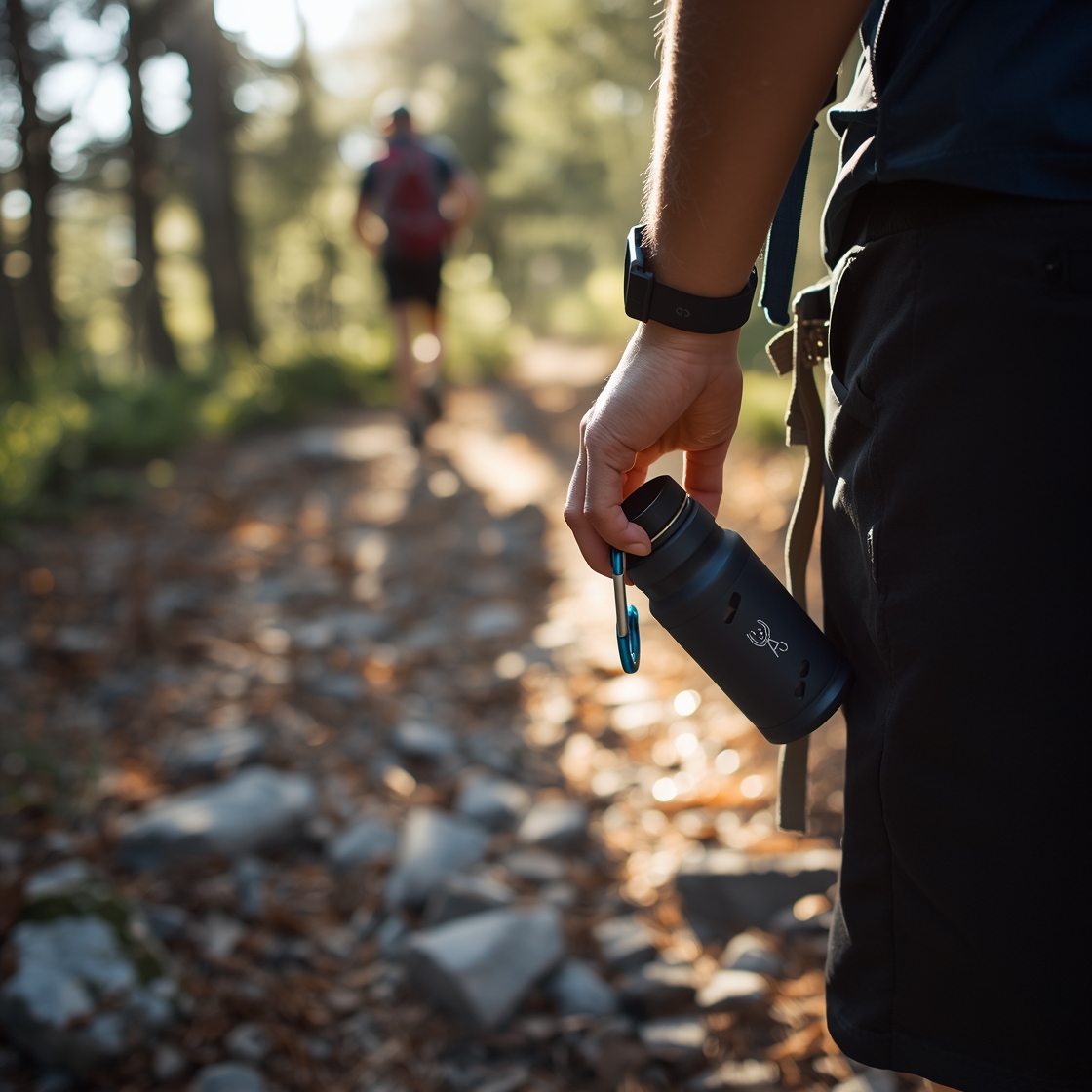 A dog water bottle attached to a hiking backpack on a trail