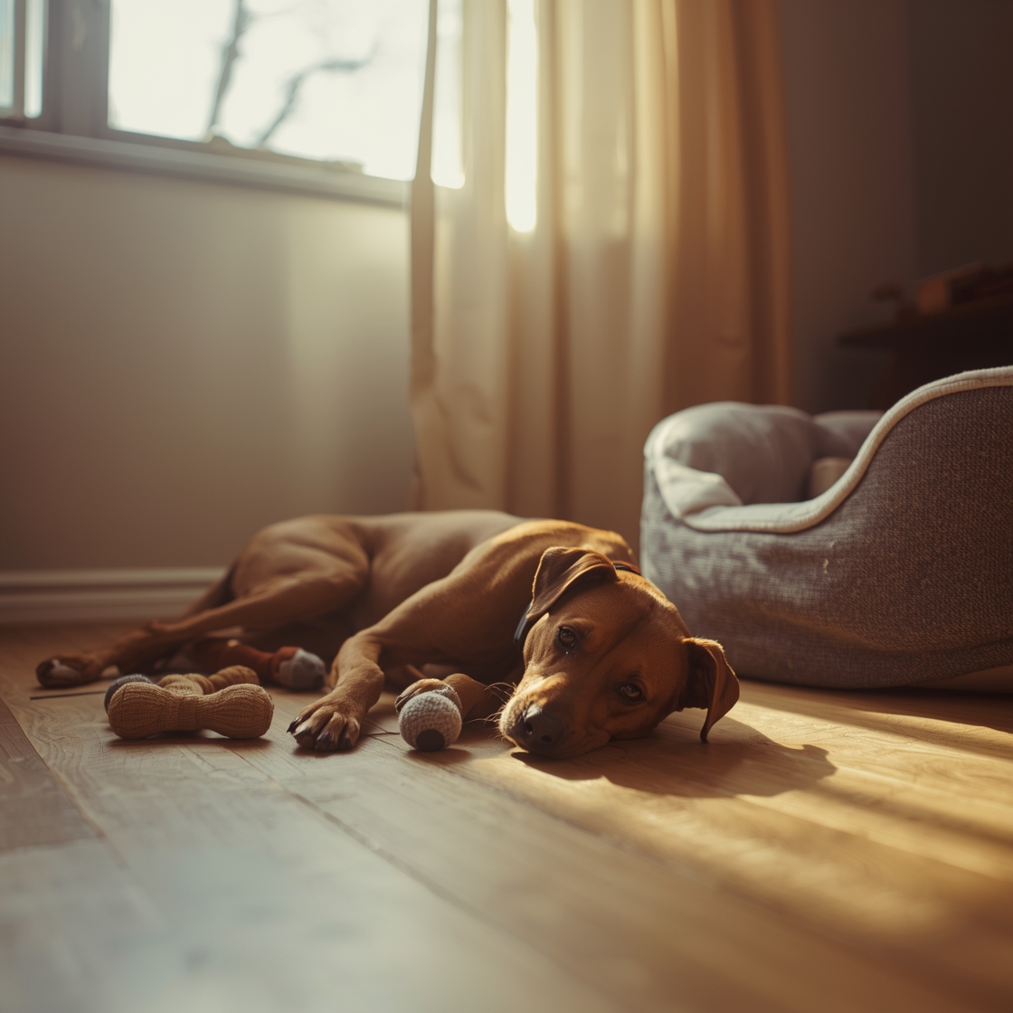 Petootsy Dog Bark Collar on wooden floor beside dog bed