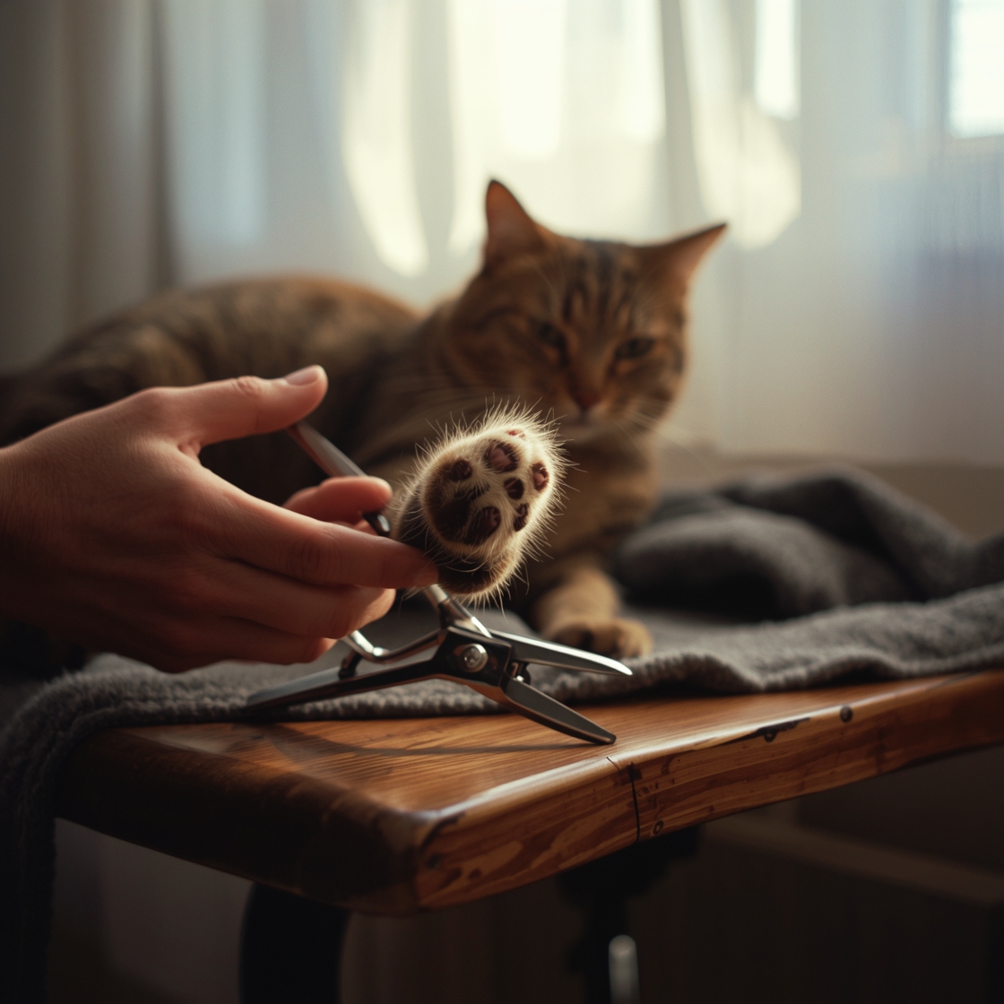 Person trimming cat's nails with stainless steel clippers