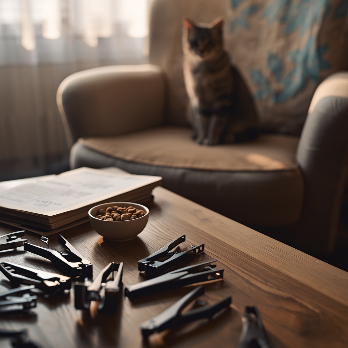 Cluttered desk with cat nail clippers and treats, tabby cat in background