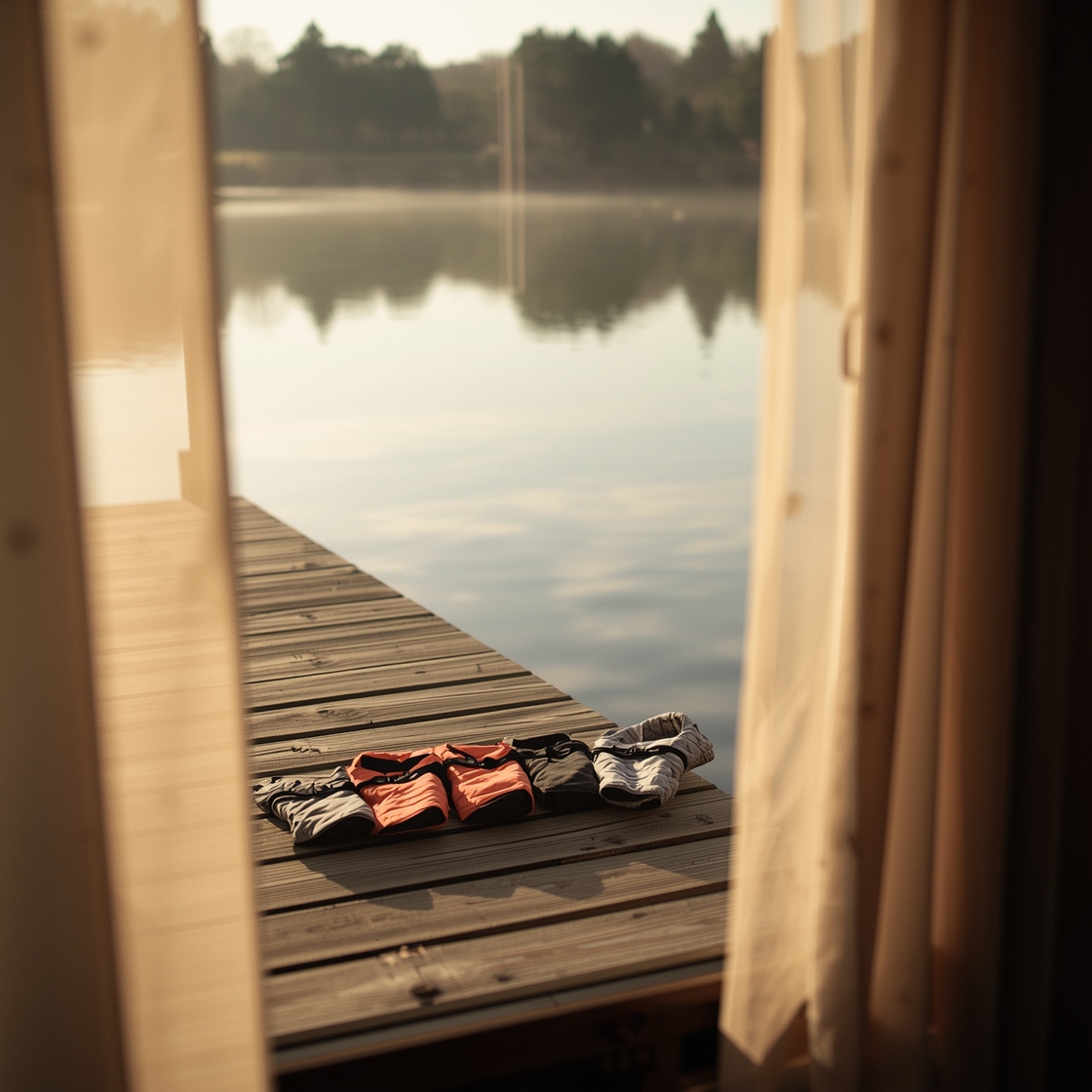 Five dog cooling vests with UV protection on a wooden dock