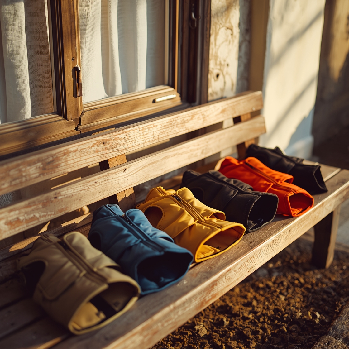 Dog cooling vests in various price ranges on outdoor surfaces