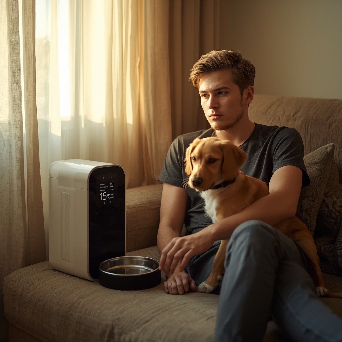 Pet owner sitting beside automatic dog feeder on couch
