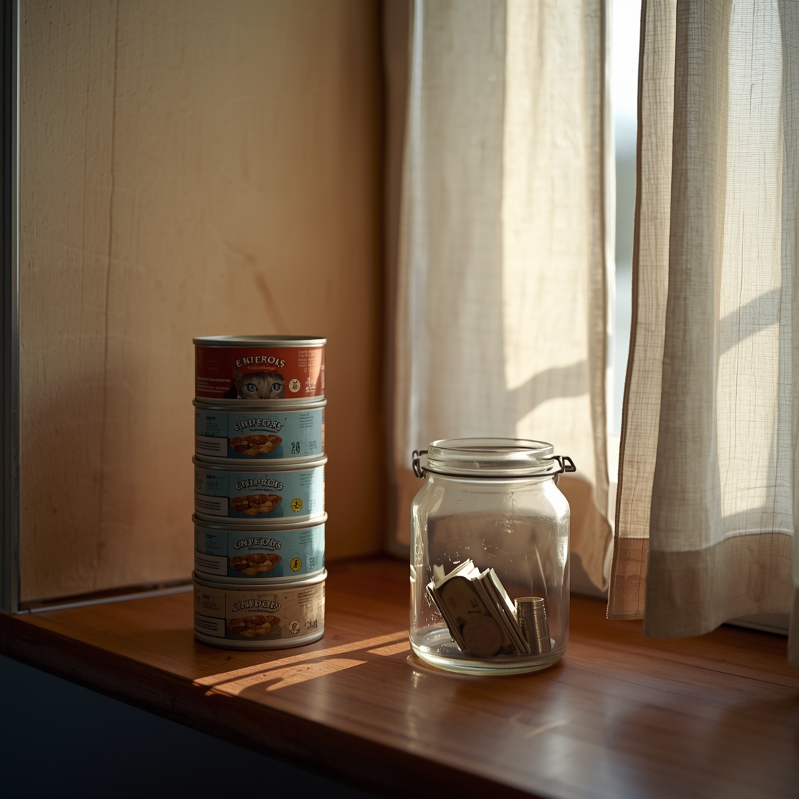 Cans of senior cat food and money on kitchen counter