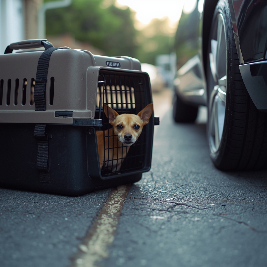 Small dog in pet carrier on driveway beside family car