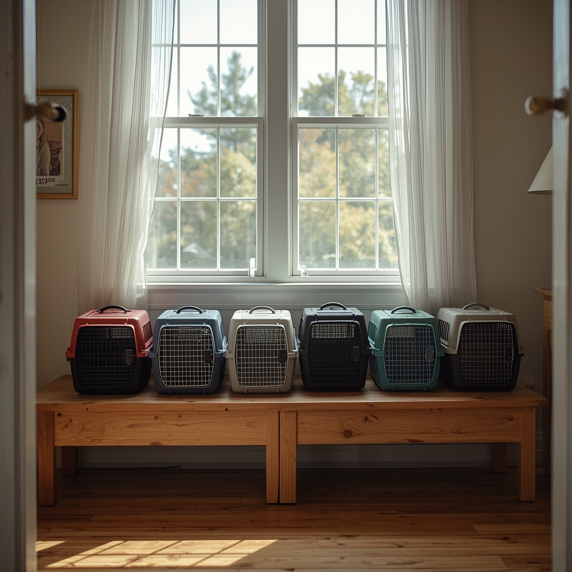 Five pet travel carriers for small dogs on a wooden bench