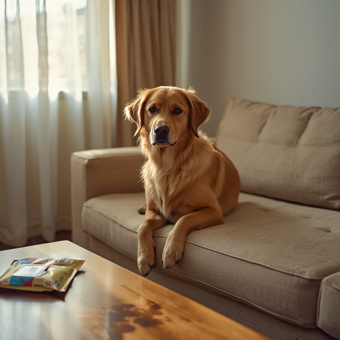 Golden retriever mix sitting on a couch with dog grooming wipes