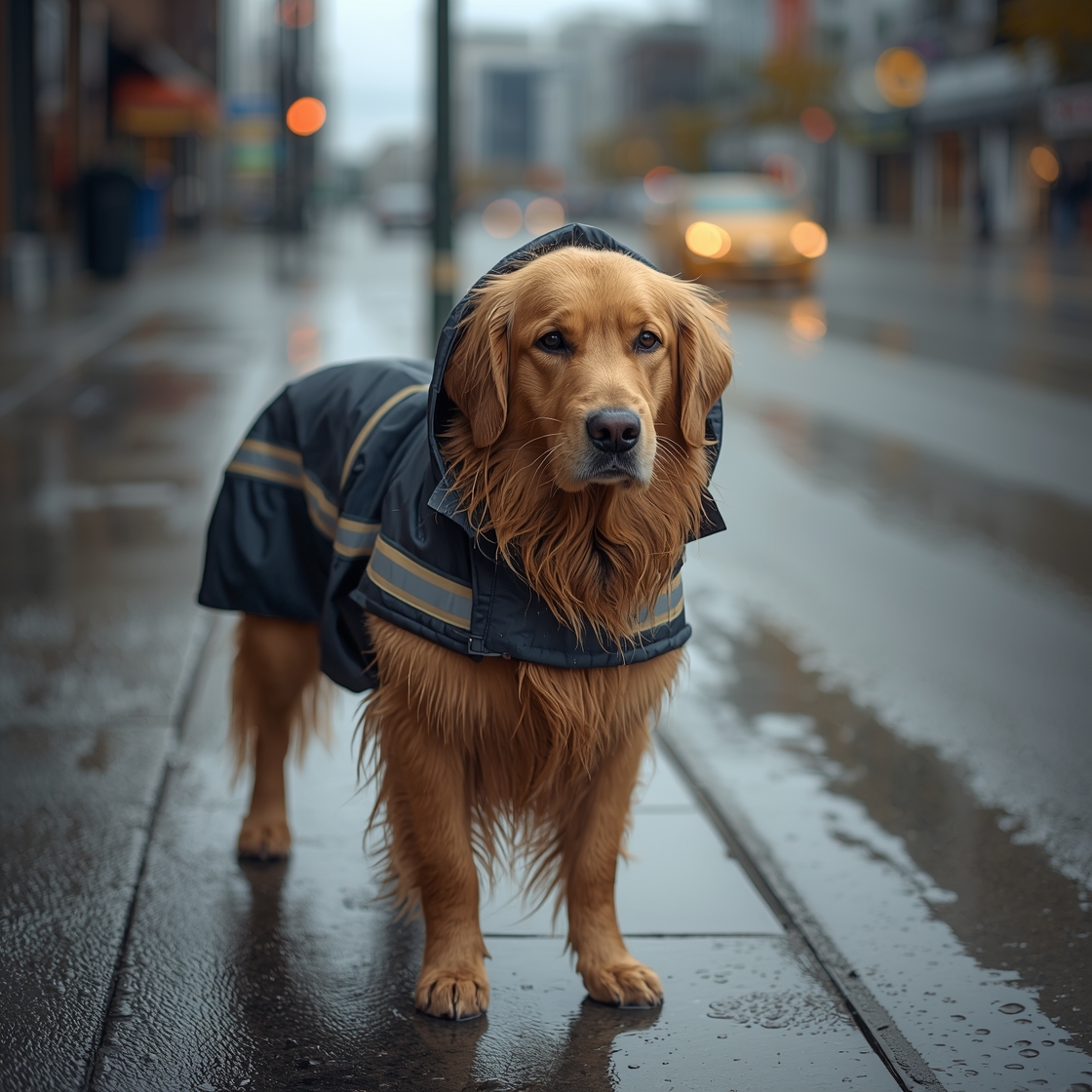 Large golden retriever in waterproof raincoat on rainy sidewalk