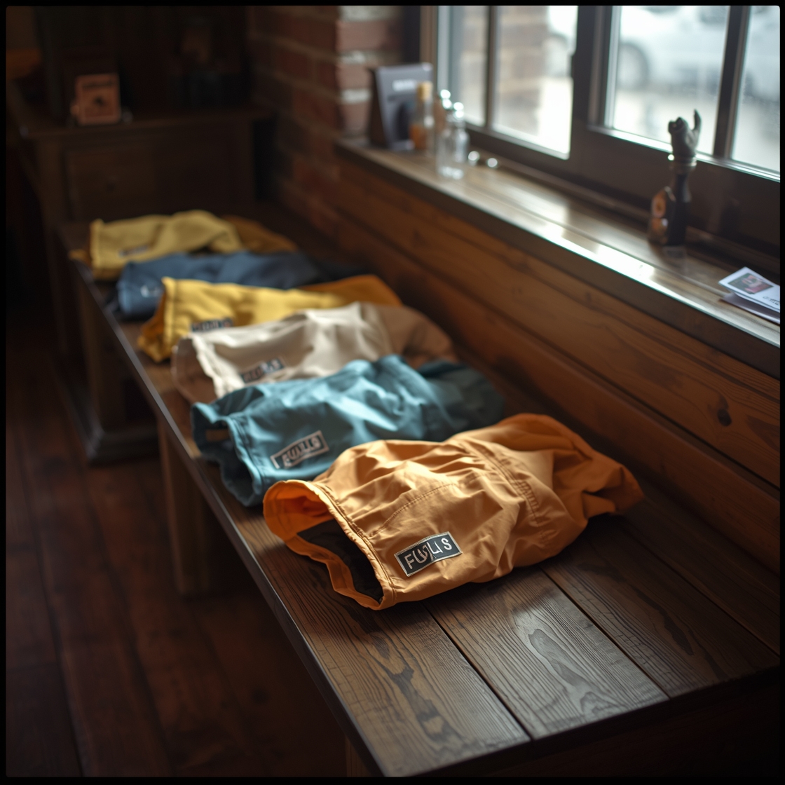 Dog raincoats in various price ranges on a wooden bench