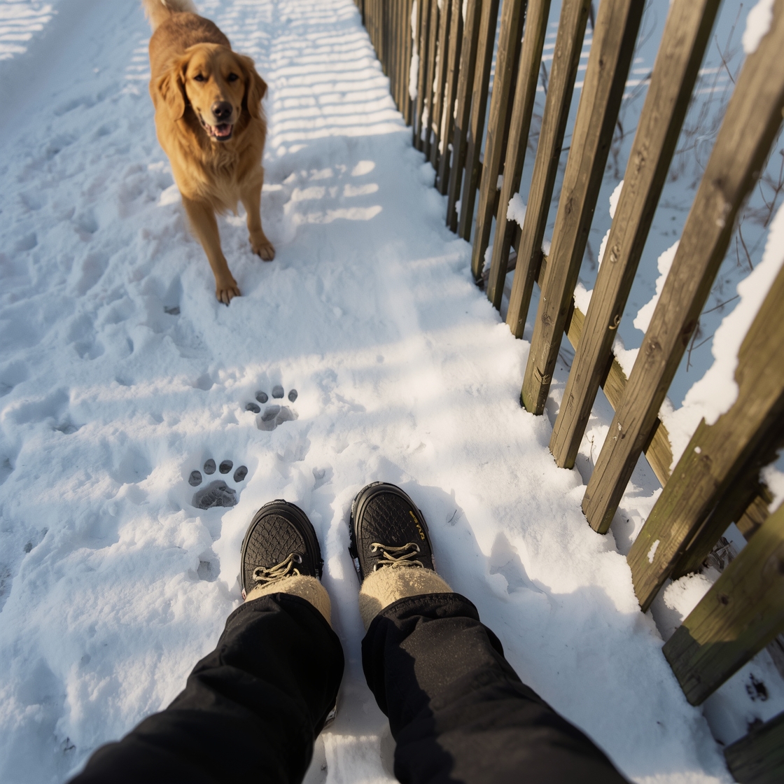 Insulated dog boots on snowy path beside paw prints