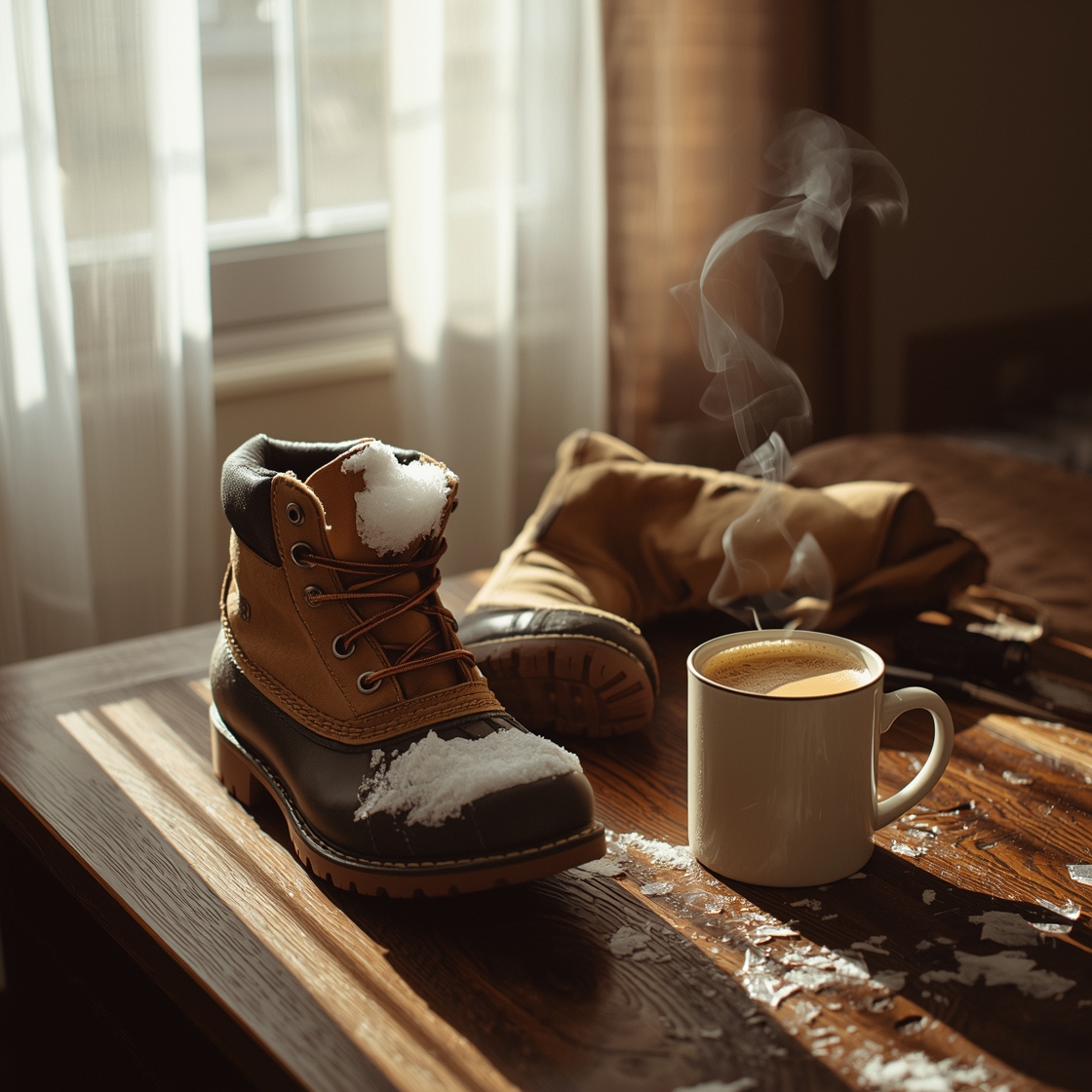 Dog boots on a wooden table with snow and coffee