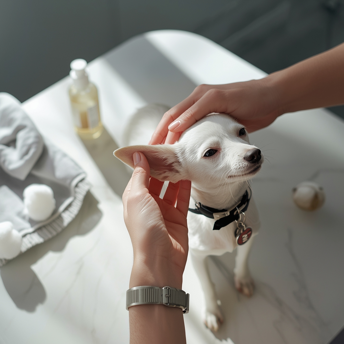 Veterinarian preparing to clean a small white dog's ear