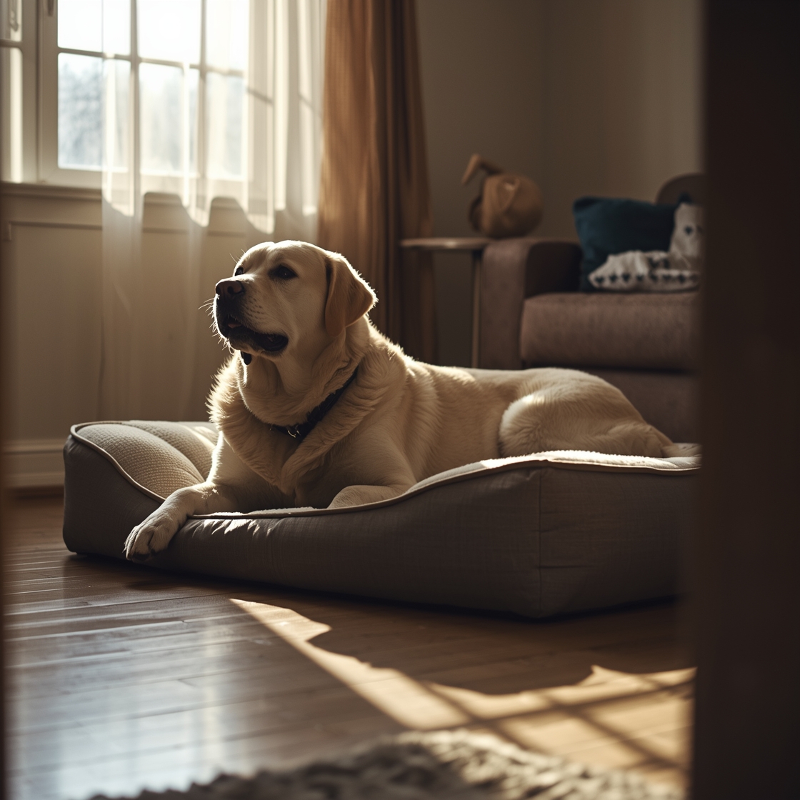 Labrador Retriever on orthopedic dog bed in living room