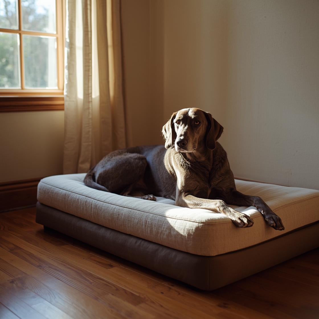 Large Newfoundland dog resting on orthopedic dog bed in living room