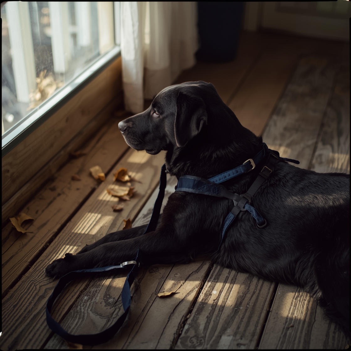 Large Labrador Retriever with dark blue nylon dog harness on wooden deck