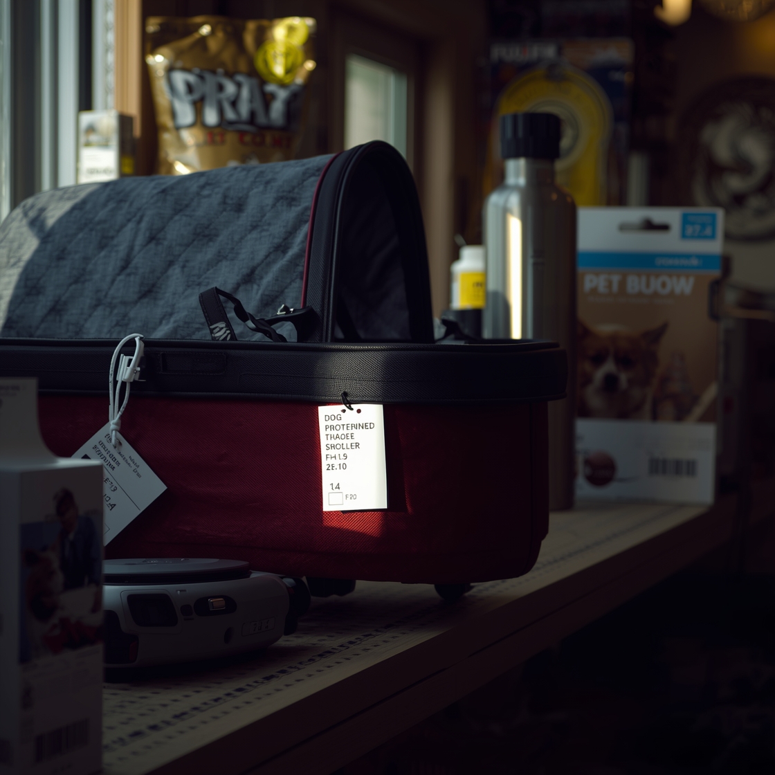 Dog stroller on pet store shelf with price tag and other gear