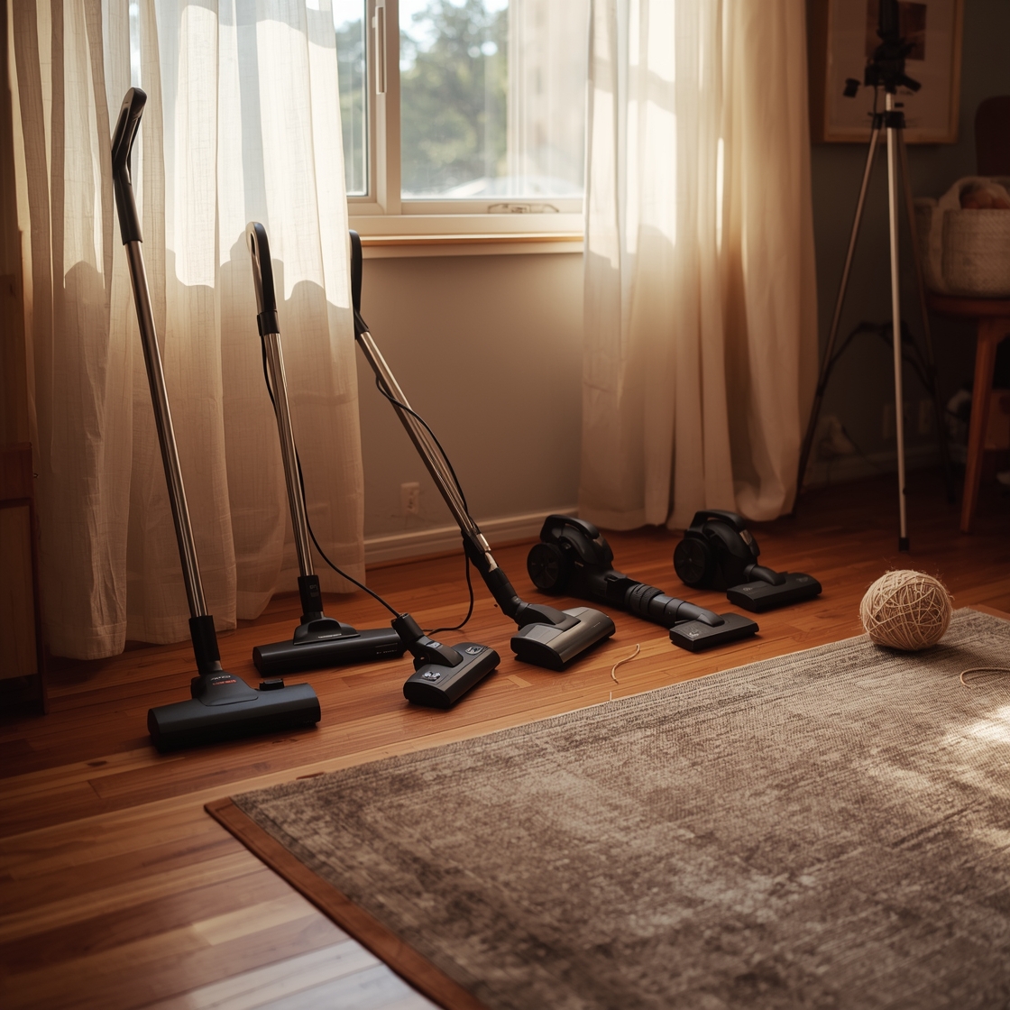 Seven pet hair vacuums on a hardwood floor beside a rug