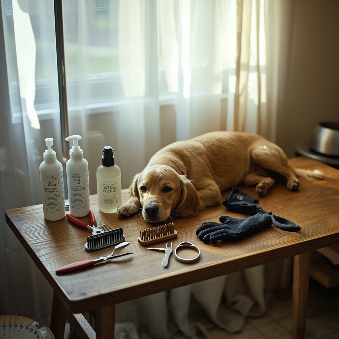 Grooming tools arranged on a stool next to a senior dog on a table