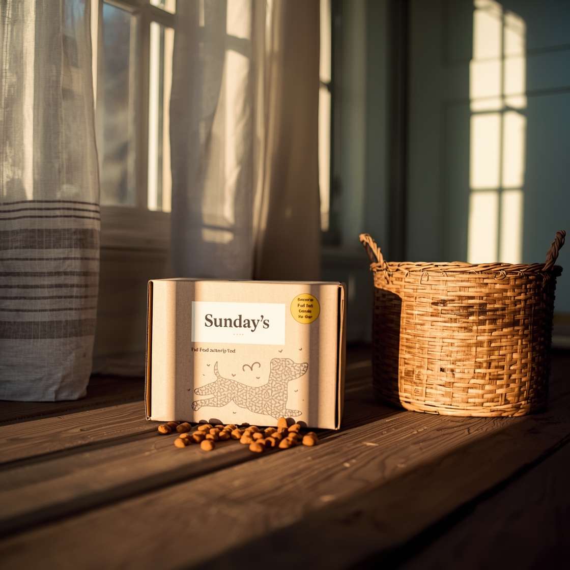 Dog food subscription box on a porch with kibble spilled out