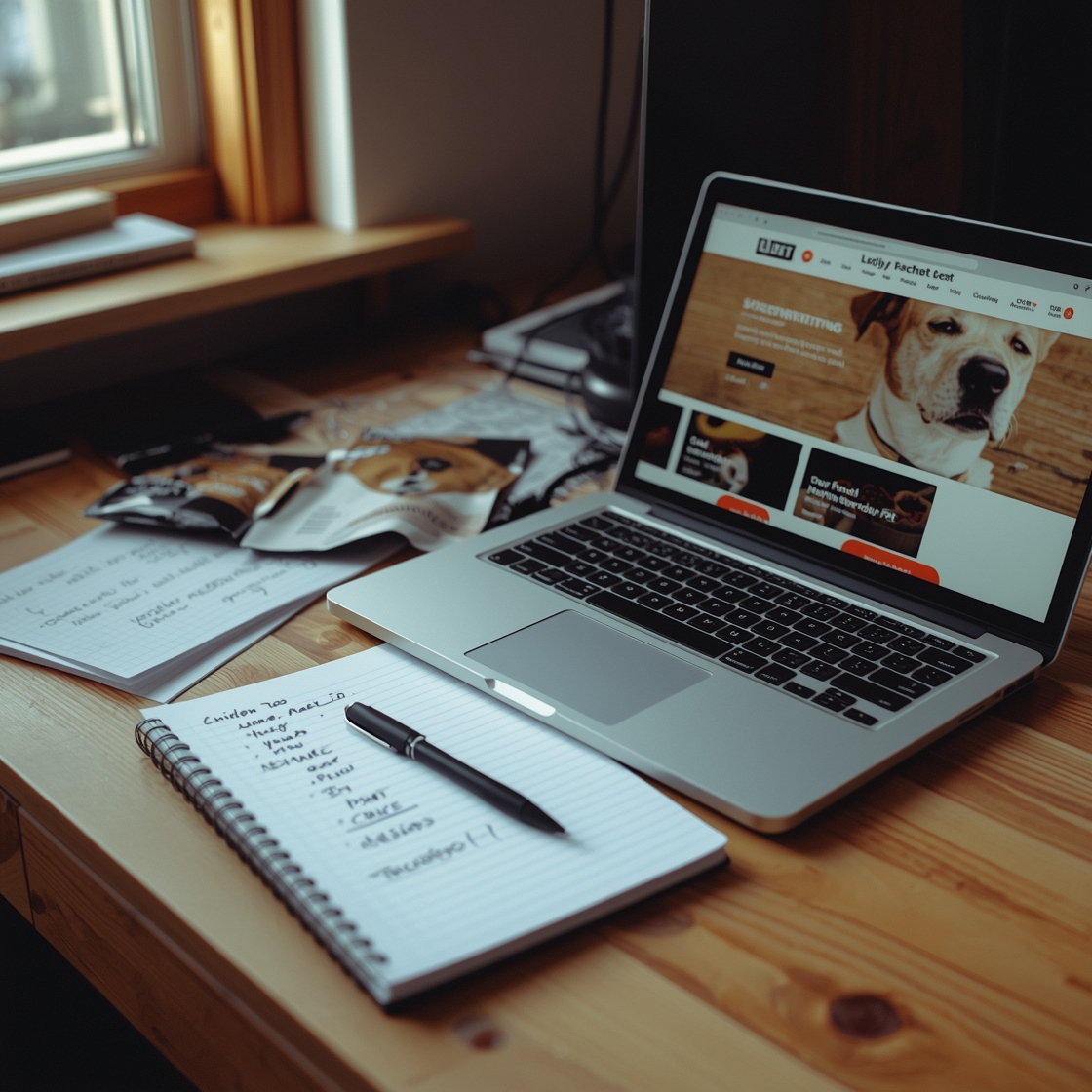 A cluttered desk with a laptop and papers about dog food subscriptions