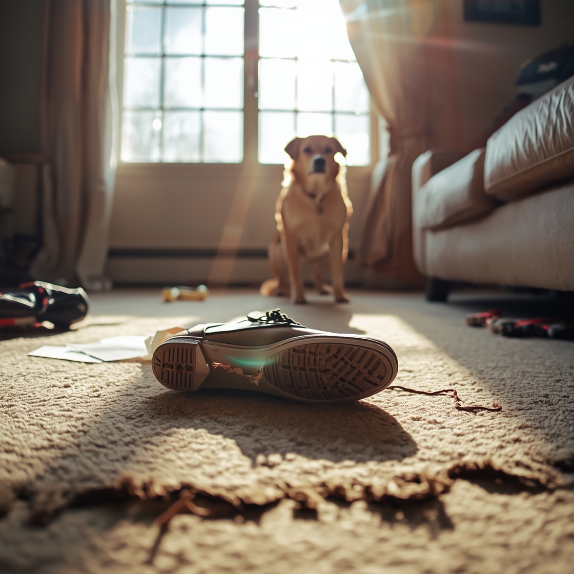 A messy living room with a guilty-looking dog in the background