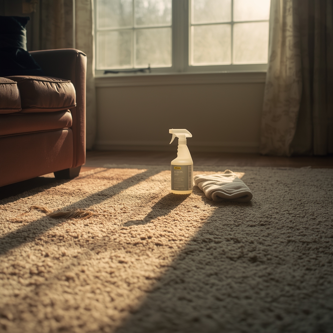 Pet stain remover bottle on carpet with old pet stains